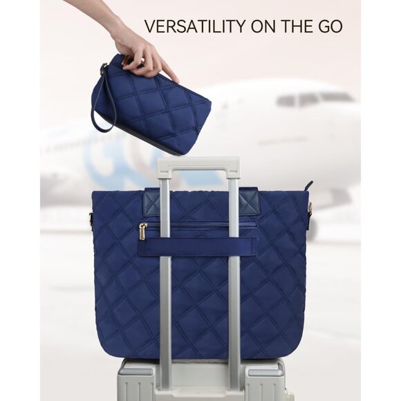 Prite Women Blue Polyester Compartment Quilted Puffer Shoulder Tote Work Bag - Picture 6 of 7